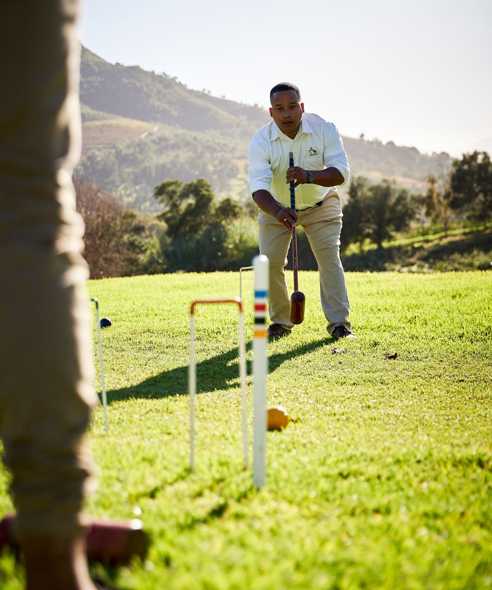man hitting croquet ball